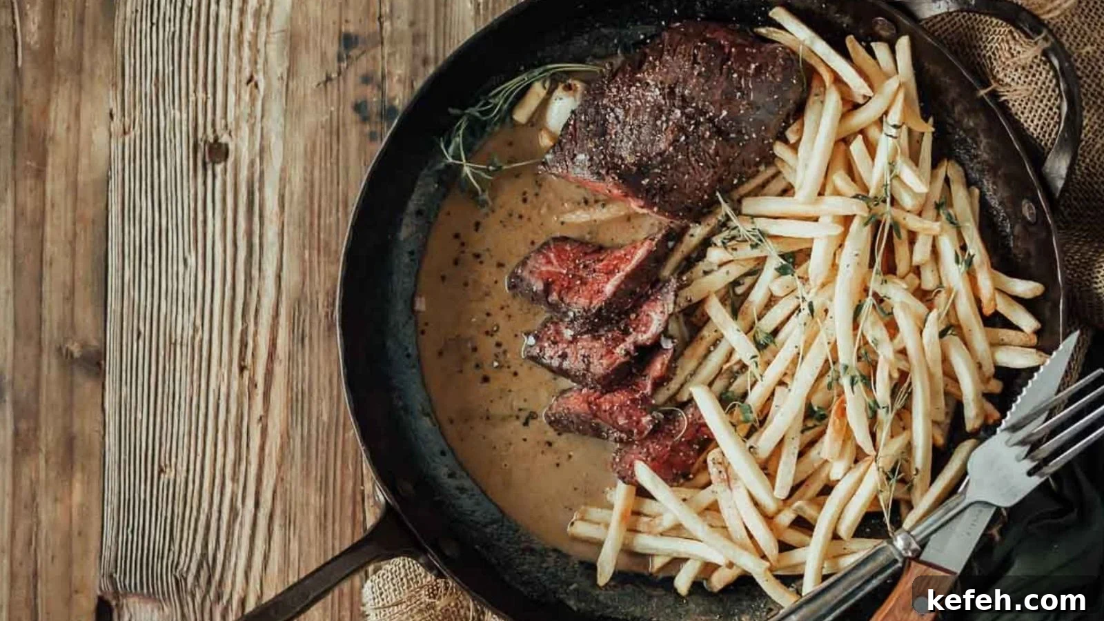 17 Budget-Friendly Steak Recipes to Feed a Crowd Without Breaking the Bank 14 Sous vide hanger steak frites with sliced steak and crispy fries arranged beside it.