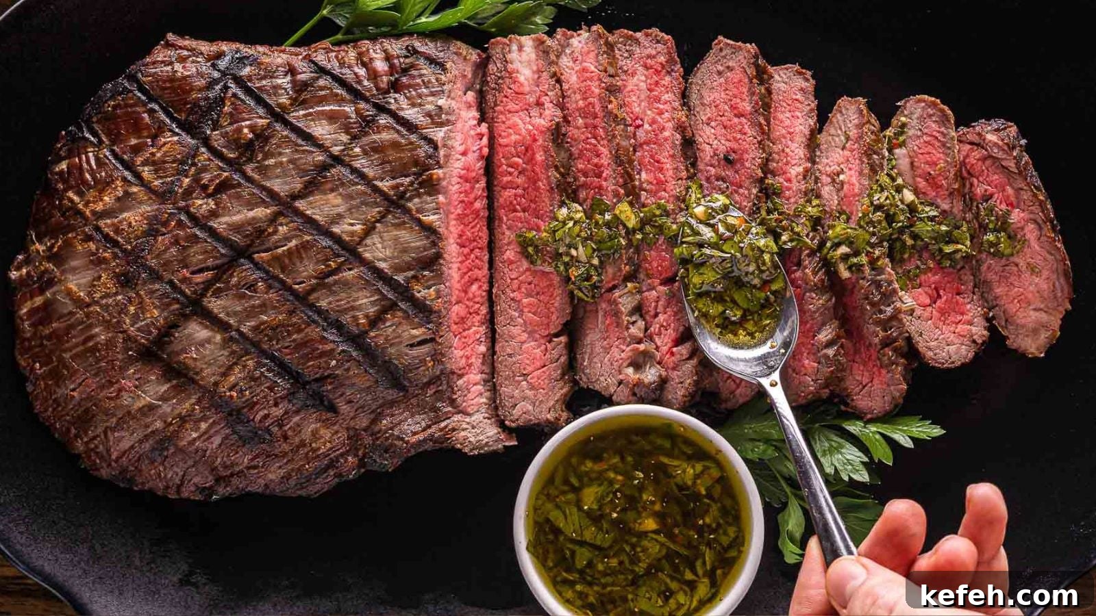 17 Budget-Friendly Steak Recipes to Feed a Crowd Without Breaking the Bank 17 Sliced grilled steak drizzled with bright green chimichurri sauce on a wooden cutting board.