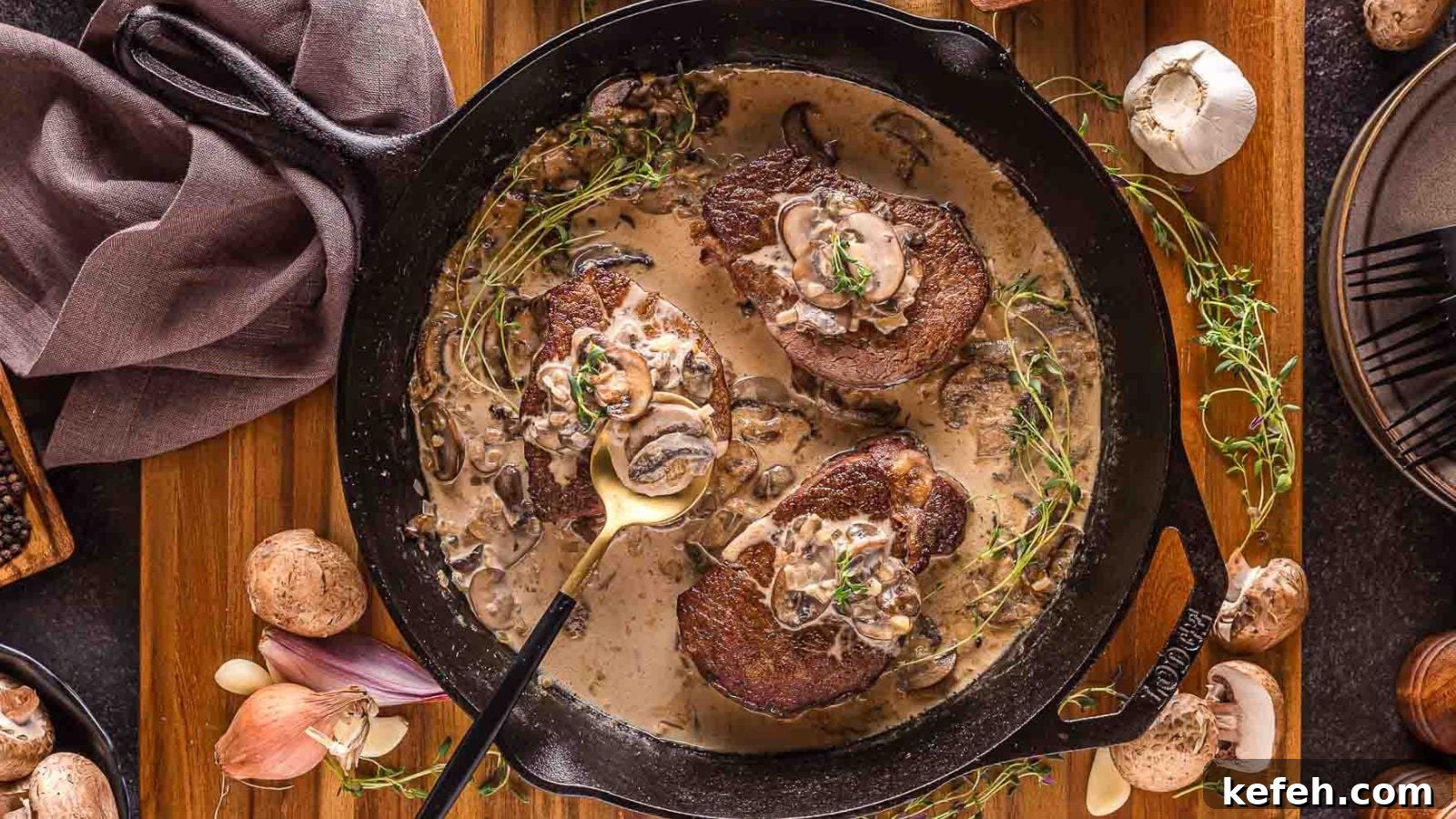 17 Budget-Friendly Steak Recipes to Feed a Crowd Without Breaking the Bank 7 Seared steak topped with creamy mushroom sauce served hot on a cast iron skillet.