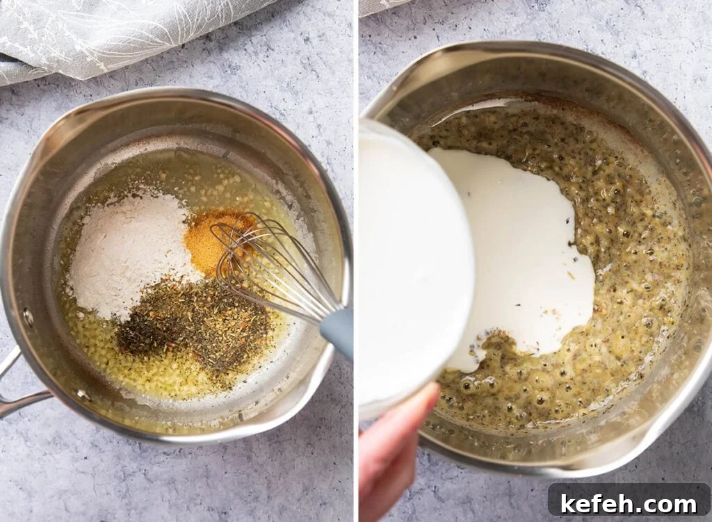 Two photos showing how to make garlic parmesan sauce - whisking together minced garlic, garlic powder, flour, and seasoning with heavy cream.