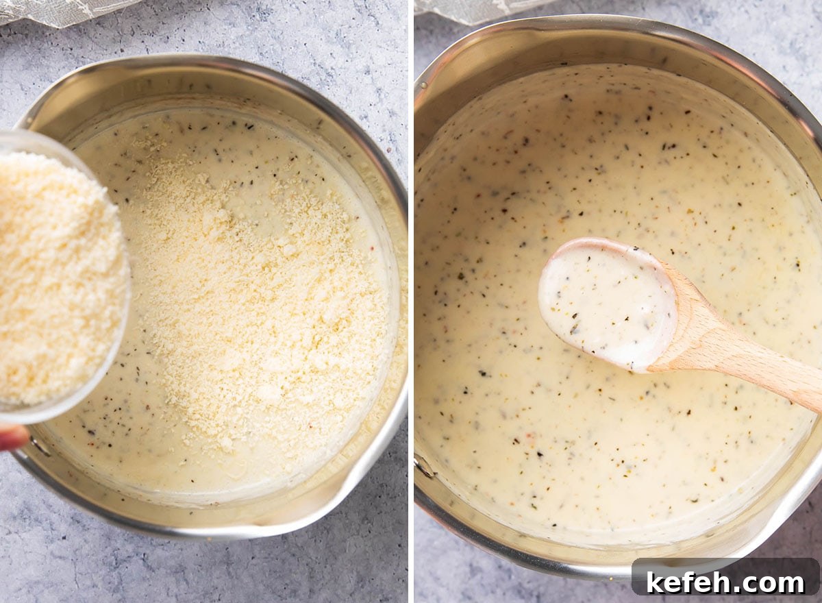 Melting cheese and whisking to thicken this homemade recipe.