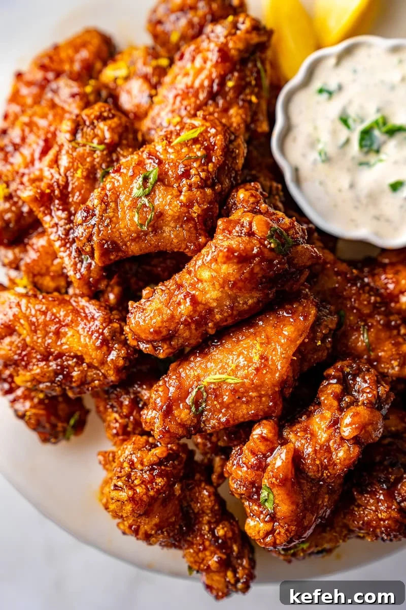 Sweet and tangy Korean-style wings with green onions and ranch dressing.