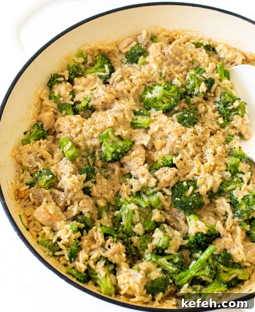 cheesy chicken broccoli and white rice in skillet with creamy sauce