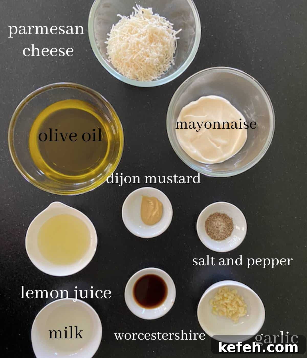 Creamy Caesar Salad Dressing Without Anchovies or Raw Eggs 3 Ingredients for homemade caesar salad dressing on countertop.