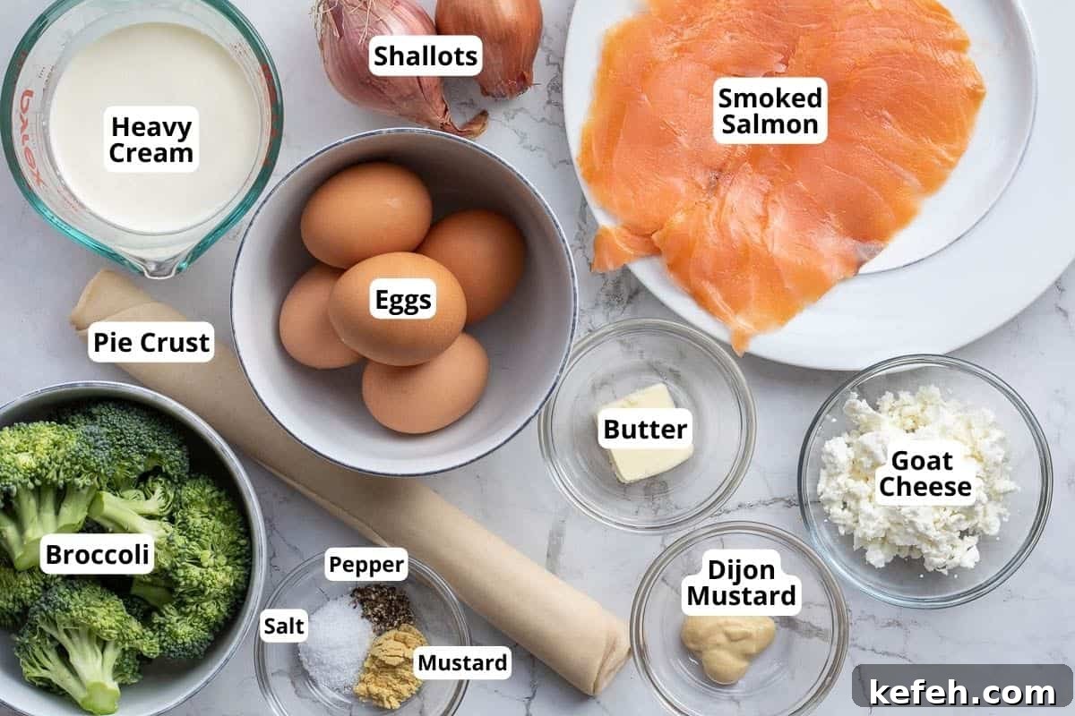 broccoli, heavy cream, eggs, pie crust, shallots, smoked salmon, butter, goat cheese, dijon mustard, salt, pepper, and dry mustard.
