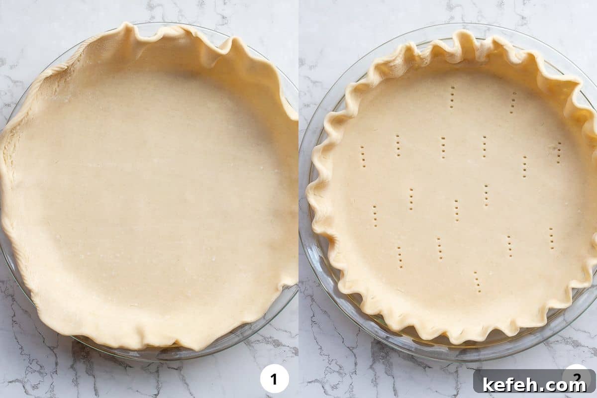 process shots of pie crust lining pie pan, then crimped pie crust with fork marks on the bottom.
