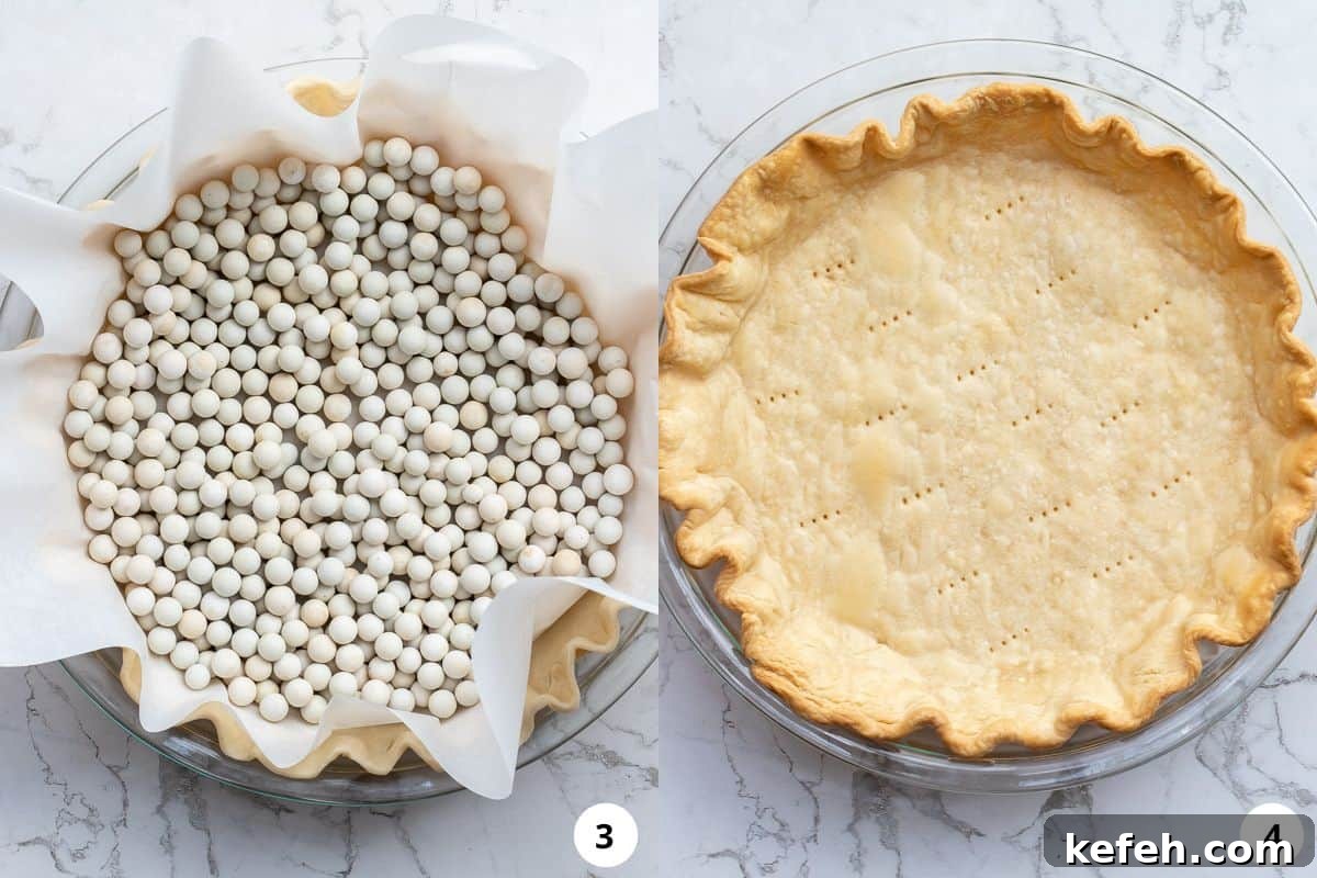 process shots of pie crust showing pie dough covered with parchment paper and baking stones, then baked pie crust in pie pan.
