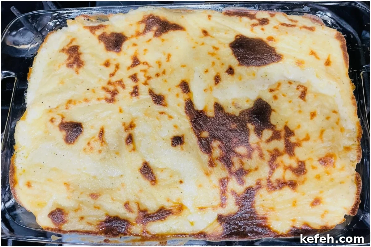 Greek Macaroni with Béchamel Sauce Recipe 4 Top view of a casserole with macarona bechamel