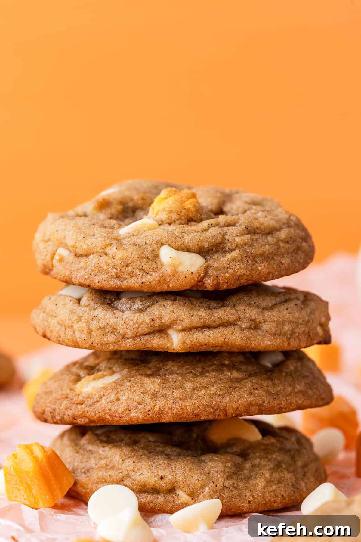 stacked pumpkin spice cookies filled with white chocolate chips