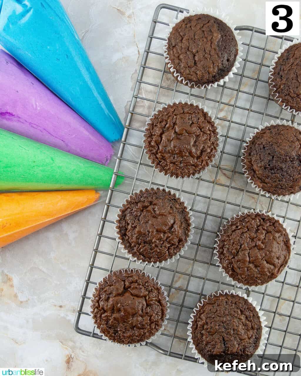 steps of decorating chocolate cupcakes into Halloween Monster Cupcakes with colored frosting and piping bags.