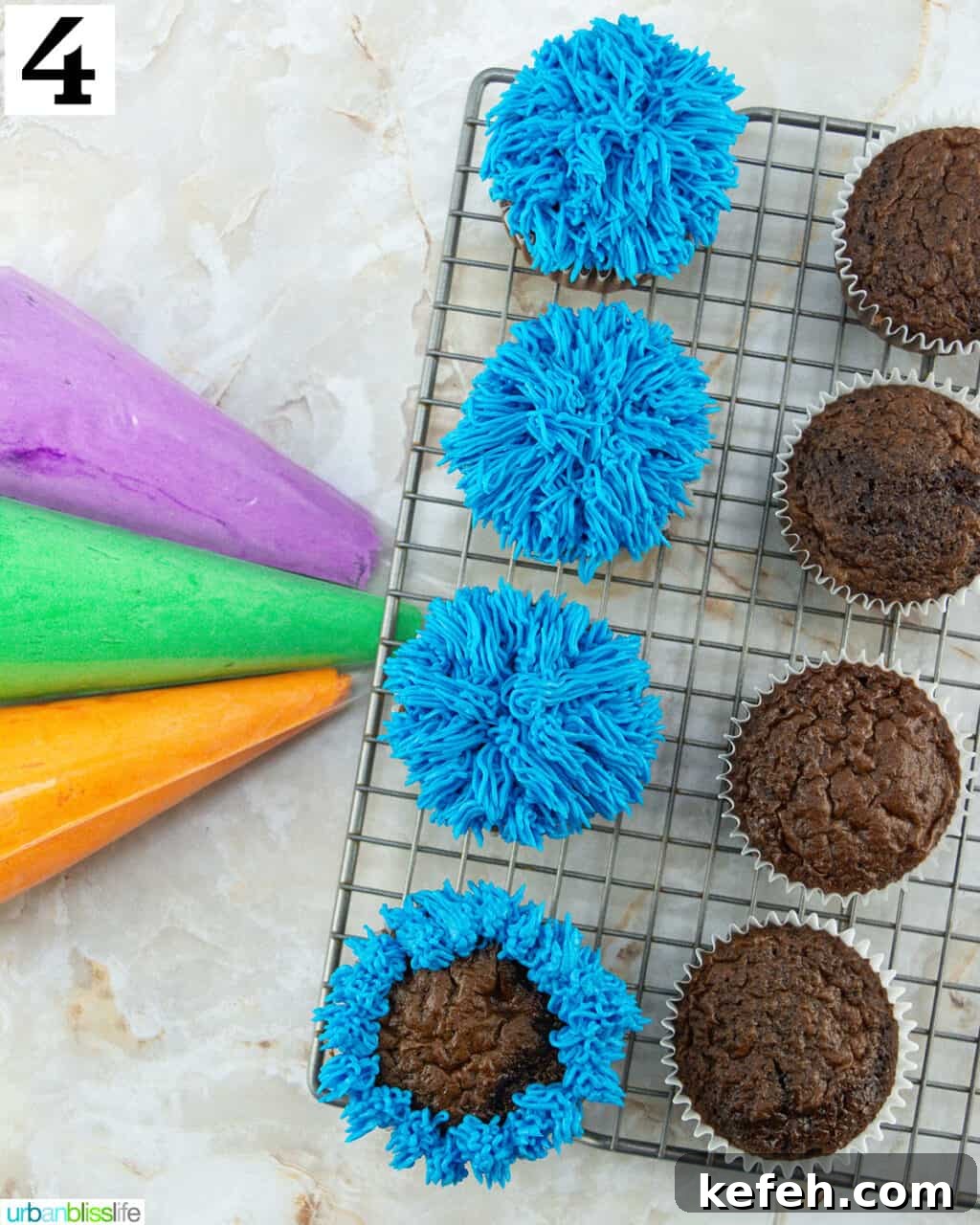 steps of decorating chocolate cupcakes into Halloween Monster Cupcakes with colored frosting and piping bags.