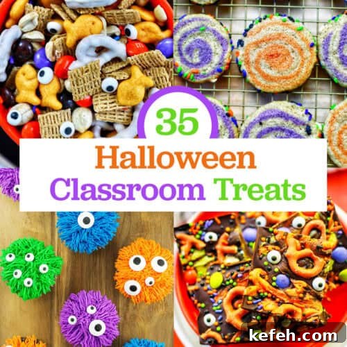 Halloween snack mix, pinwheel cookies, cupcakes, and monster bark with title text overlay.
