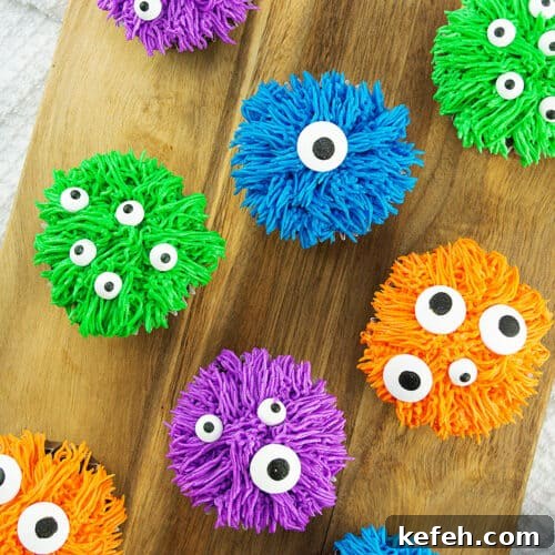 several colorful bright halloween monster cupcakes on a wood board.