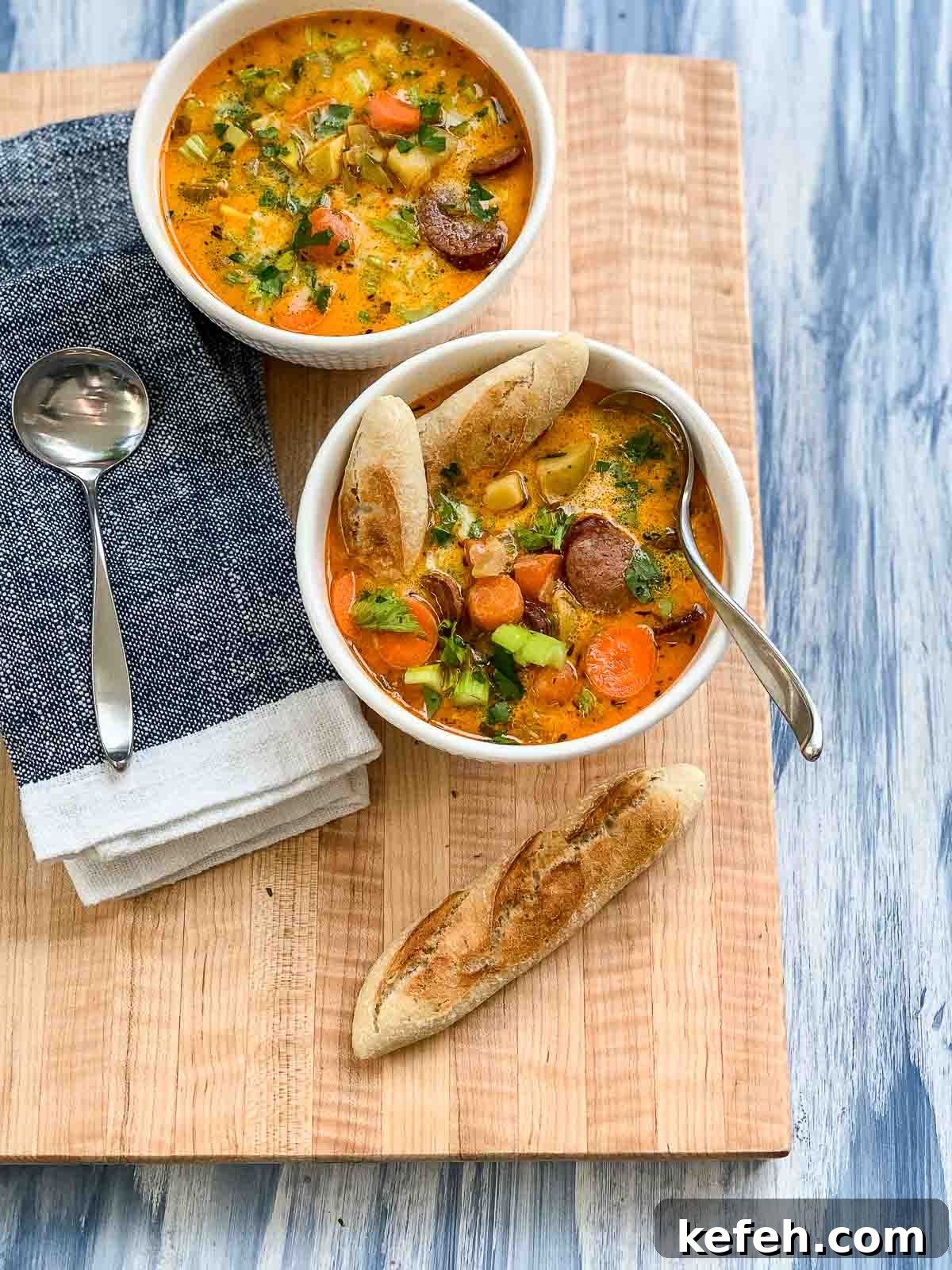 A wooden cutting board with two white bowls of homemade sausage potato soup with spoons and pieces of bread.