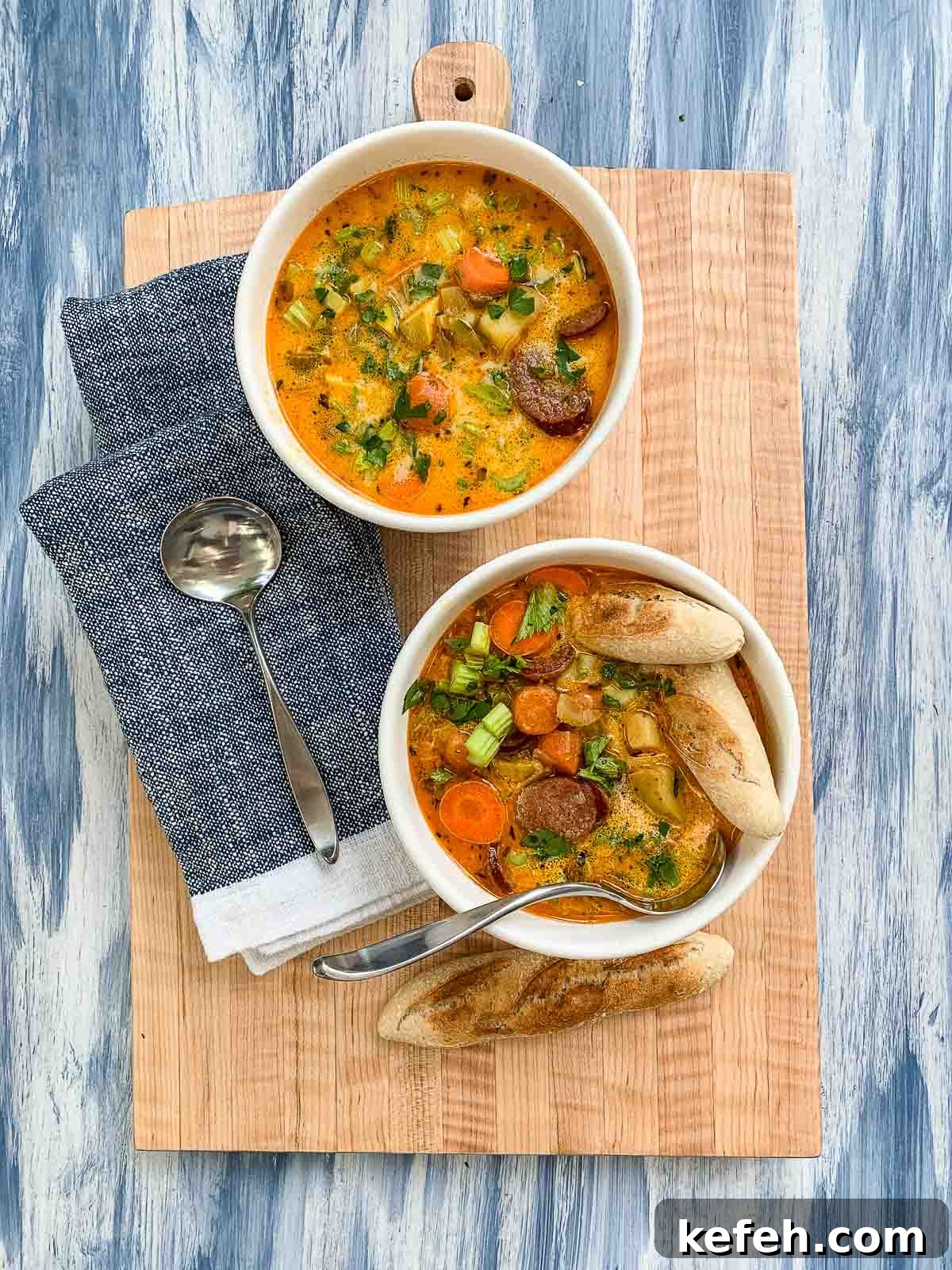 Two bowls of spicy Cajun sausage potato soup with bread.