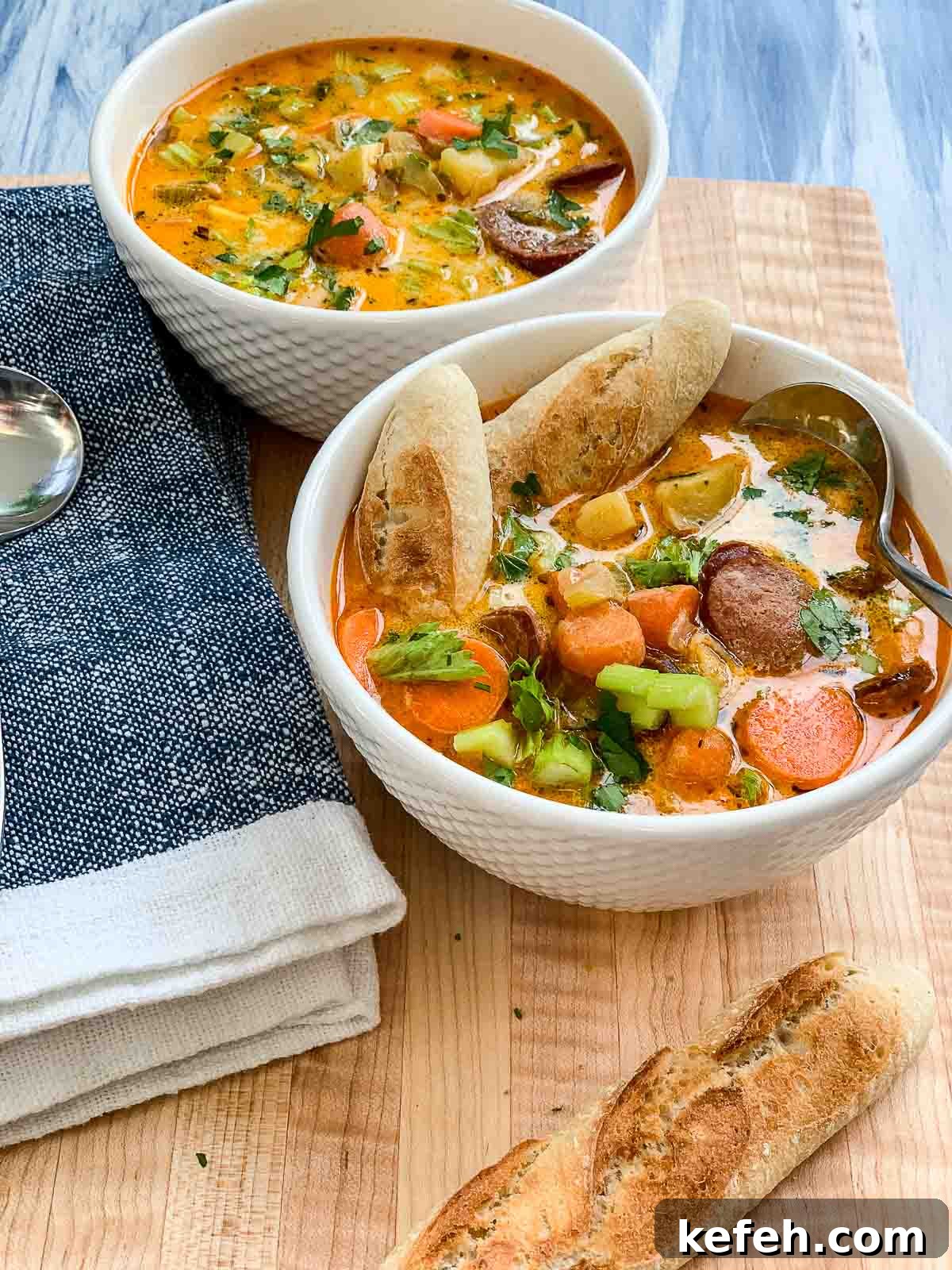 Close up of two white bowls of spicy sausage potato soup with pieces of bread in the soup on a cutting board.