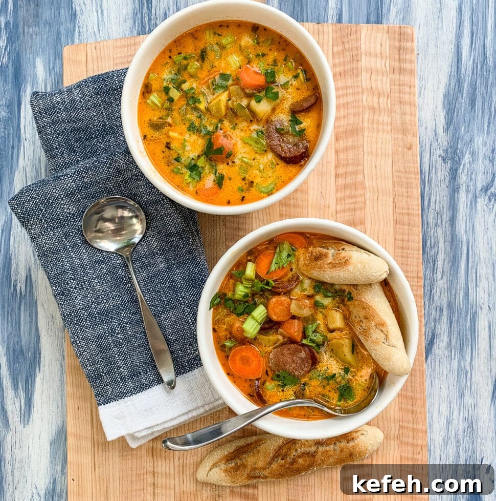A wooden board with two bowls of sausage potato soup with spoons and pieces of bread.