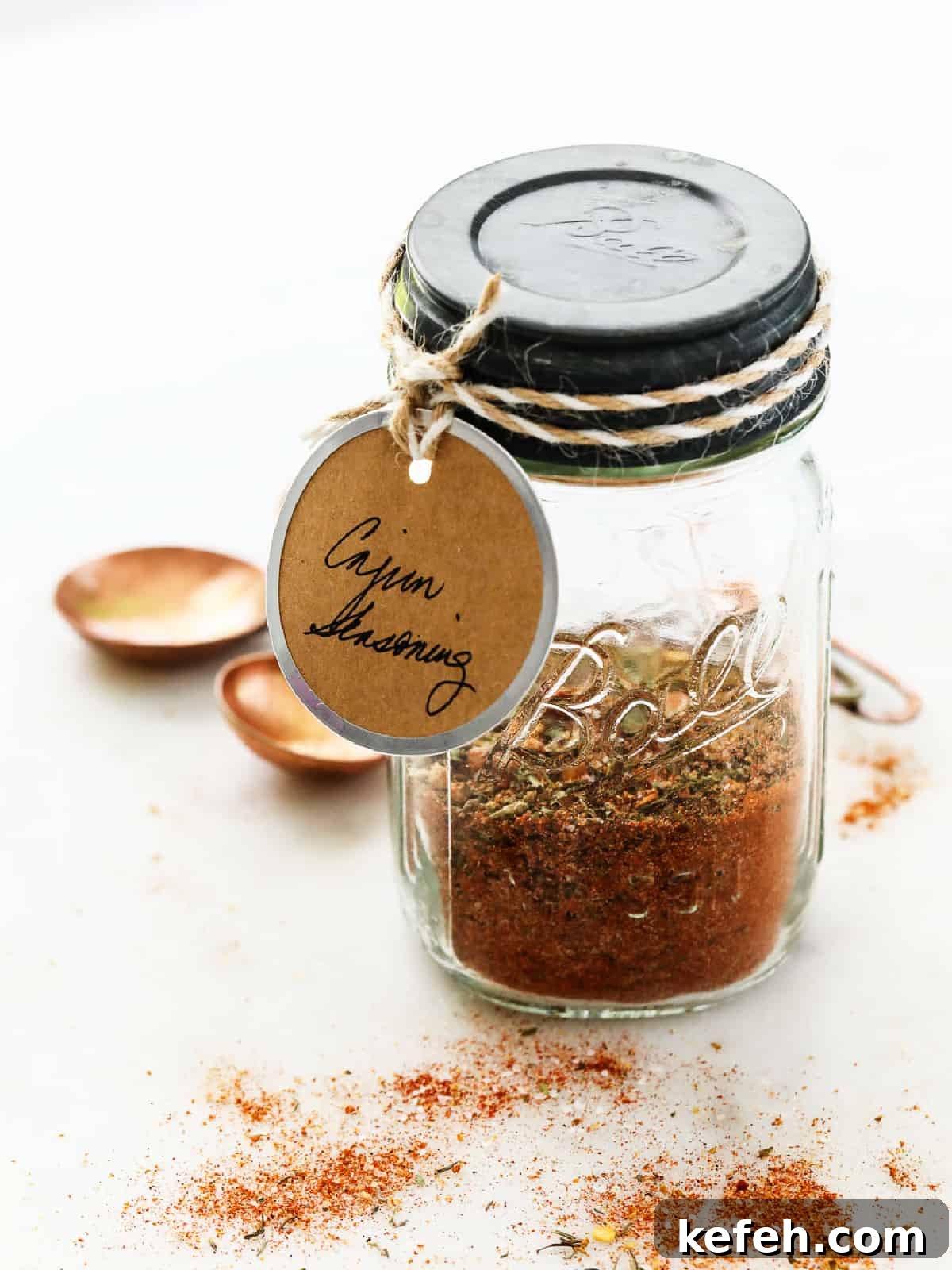 A small glass jar with Cajun seasoning and a brown paper label.