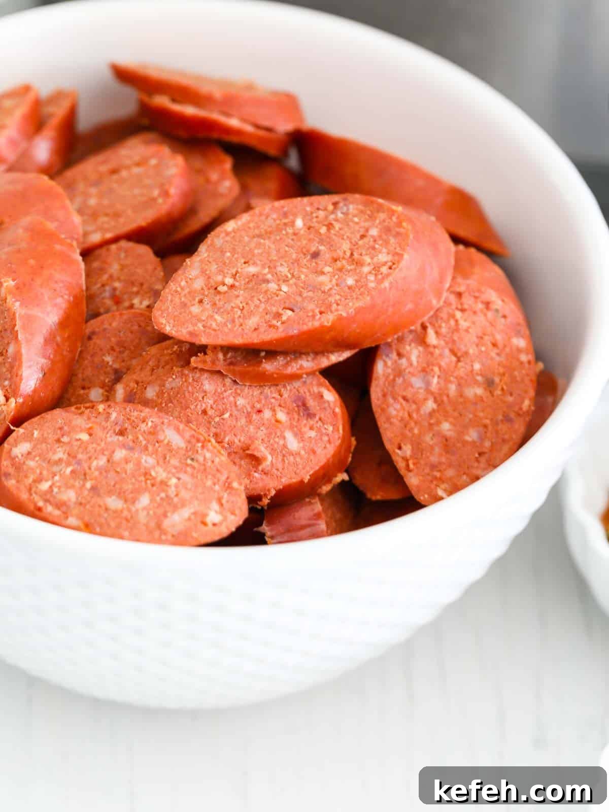 Thin slices of Cajun andouille sausage in a white bowl.