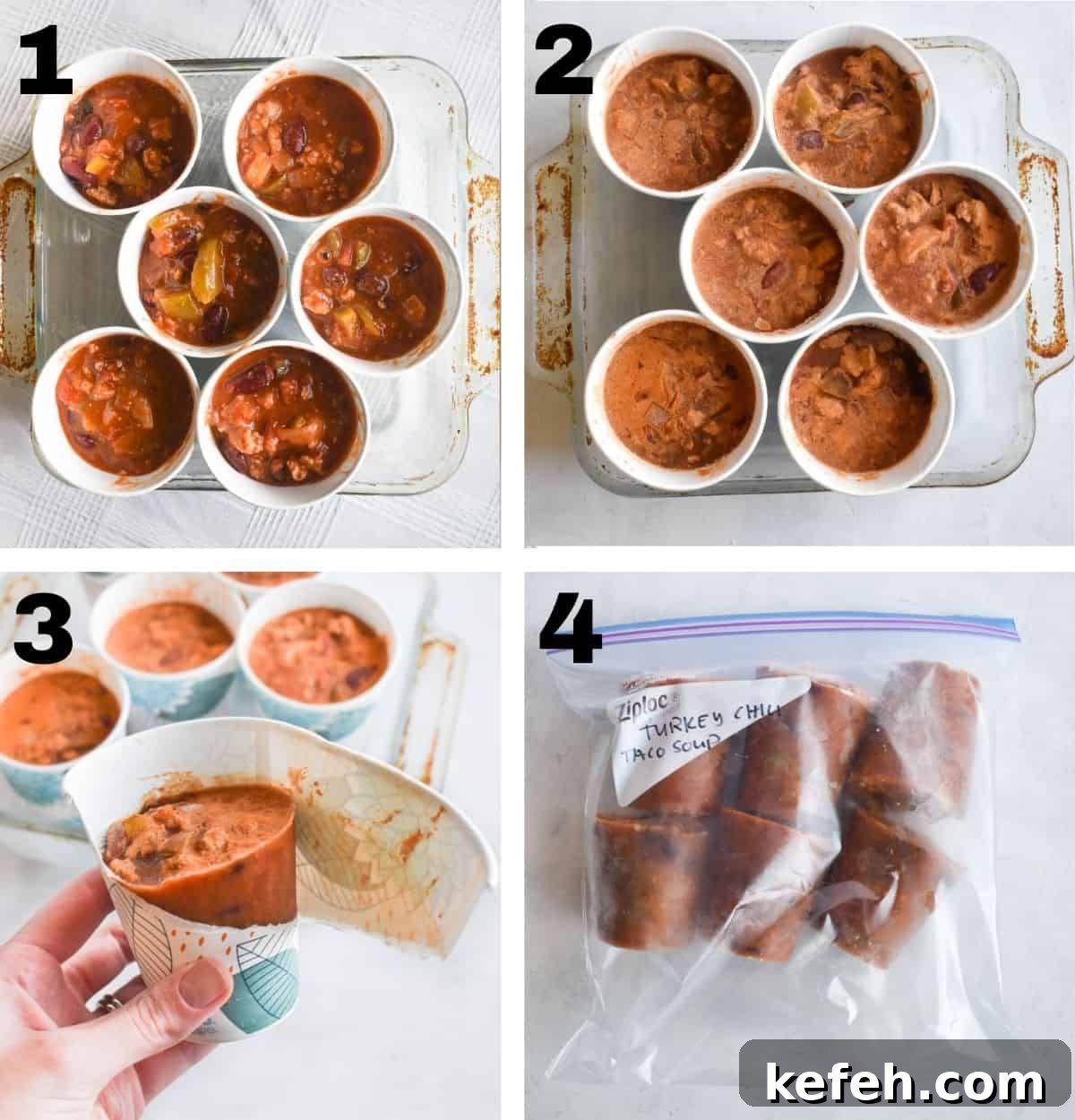 Turkey Taco Chili Soup Recipe — Hearty Weeknight Meal 5 4 photos showing how to freeze the soup in paper cups and then store in freezer.