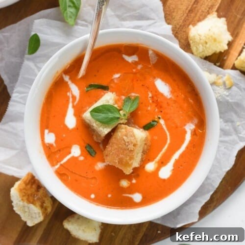 soup in bowl with basil around and croutons on side.