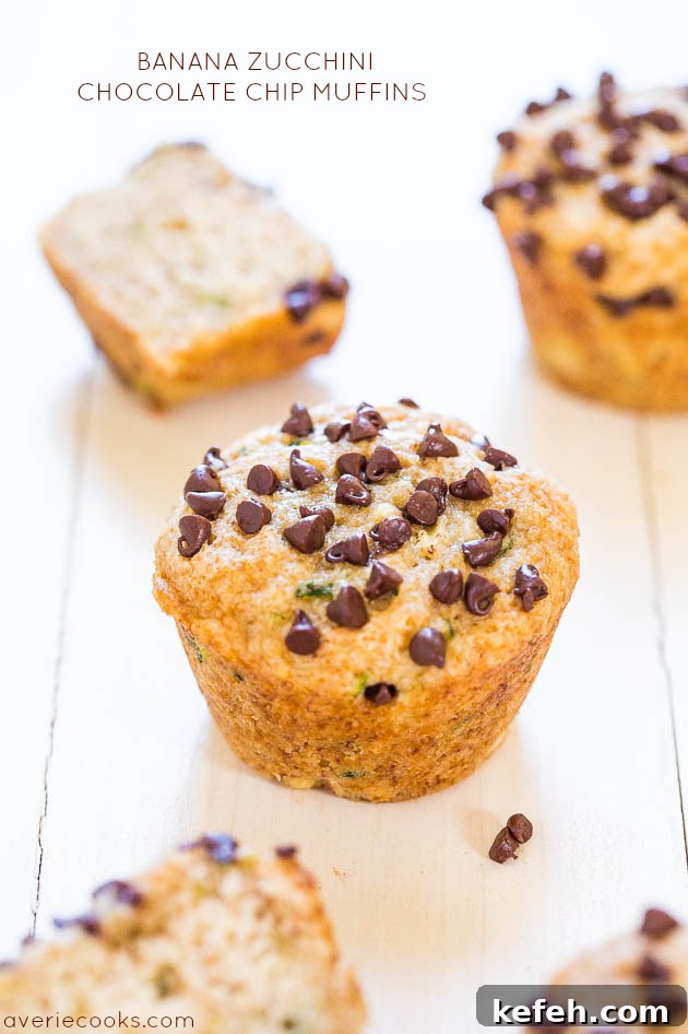 Banana Zucchini Chocolate Chip Muffins. 