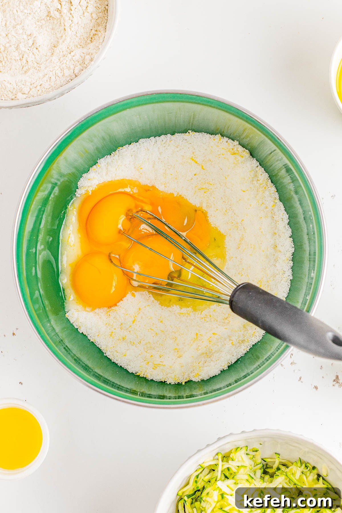 Wet ingredients for lemon zucchini bread being whisked in a bowl. 