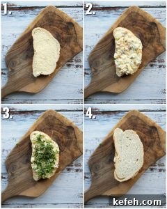 4 step by step photos showing how to make an egg mayonnaise sandwich