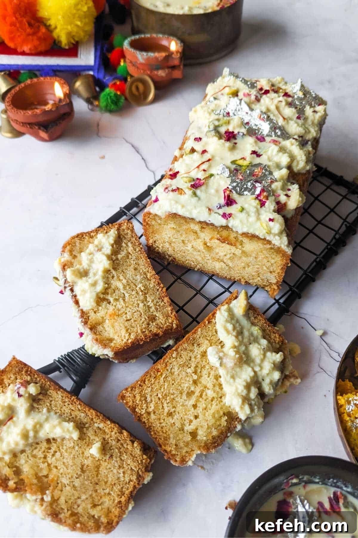 Eggless Gulab Jamun Mix Cake with Creamy Rabdi Recipe 9 adding more rabdi on top of the cake slices