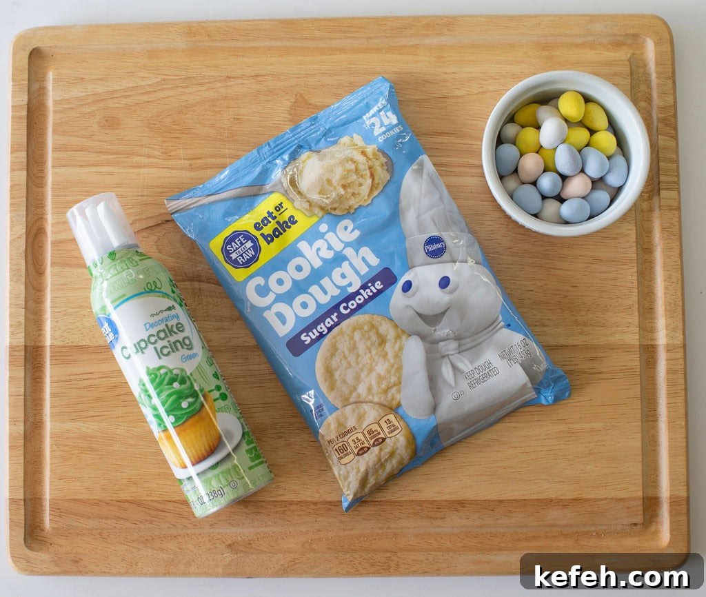Easter Nest Cookie Cups Recipe 3 Ingredients for Easter birds nest cookie cups on a cutting board.