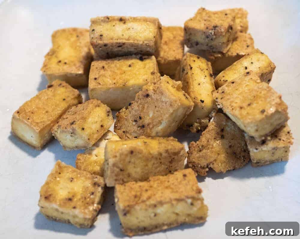 Ginger and Garlic Tofu Stir-Fry Recipe 4 baked tofu close up before stir frying showing crunchy texture