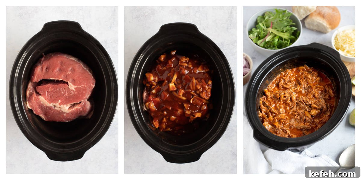 Slow Cooker Pulled Beef Recipe for Tender, Shredded Meat 4 Making pulled beef in a slow cooker - step by step photo instructions collage.