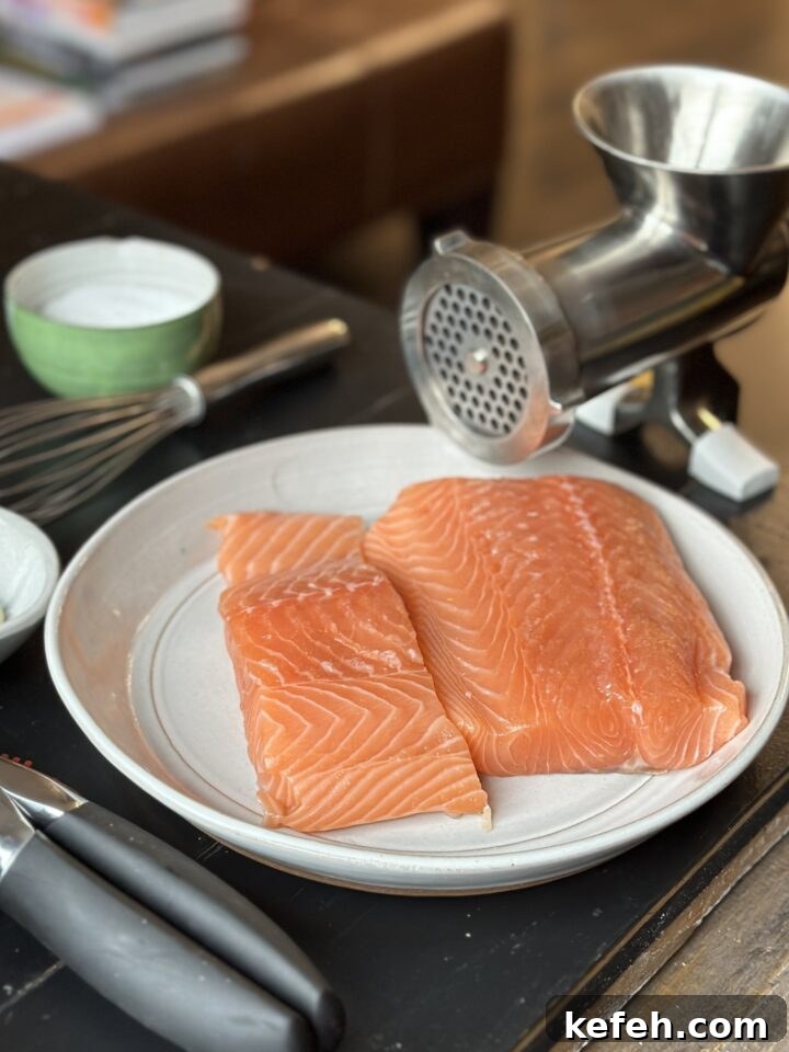 Middle Eastern Salmon Burger Recipe with Zaatar and Tahini 6 salmon prepped for grinding