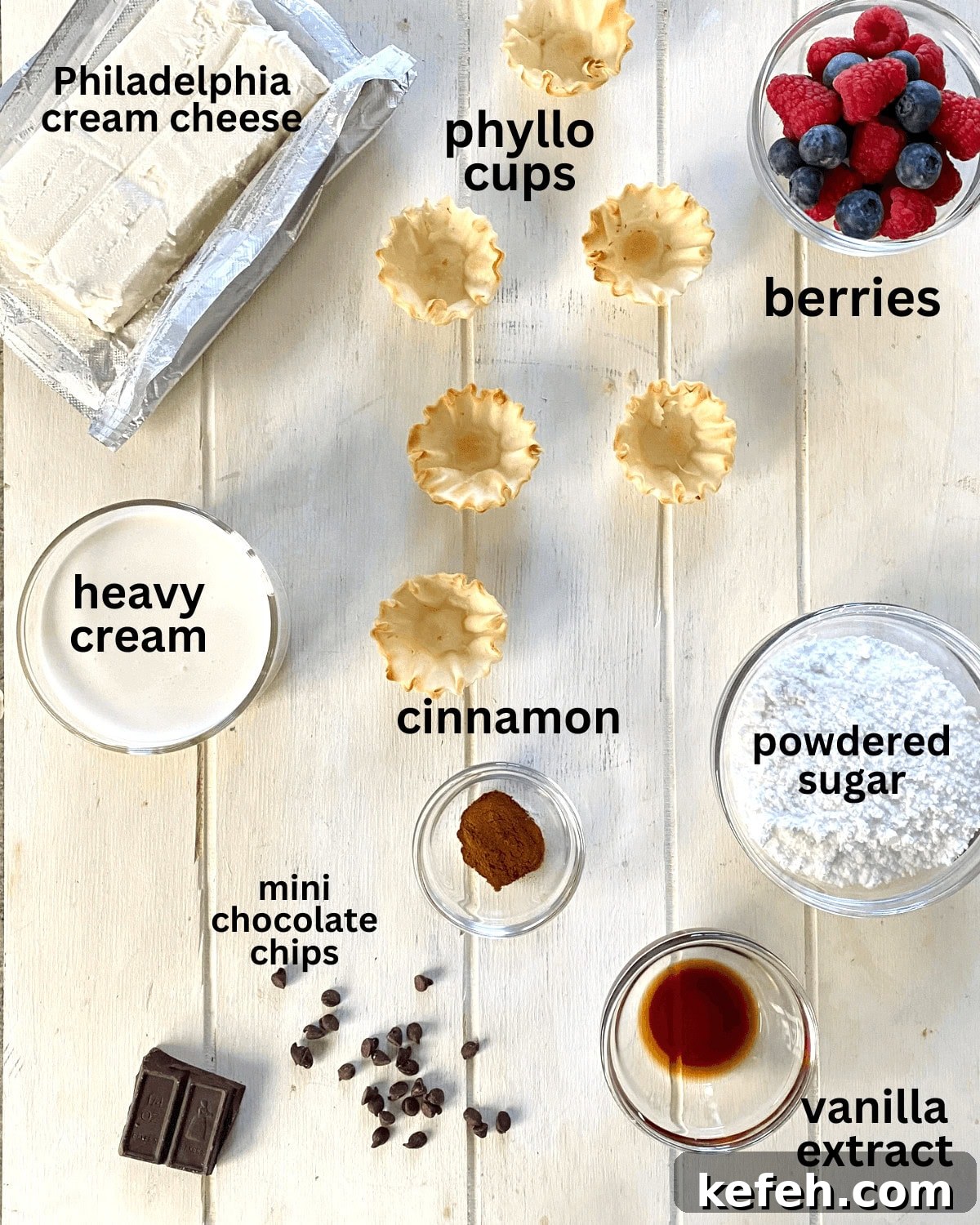 Mini No-Bake Philadelphia Cheesecakes Recipe 4 Cream cheese, powdered sugar, cinnamon, vanilla, chocolate chips, berries, phyllo cups.