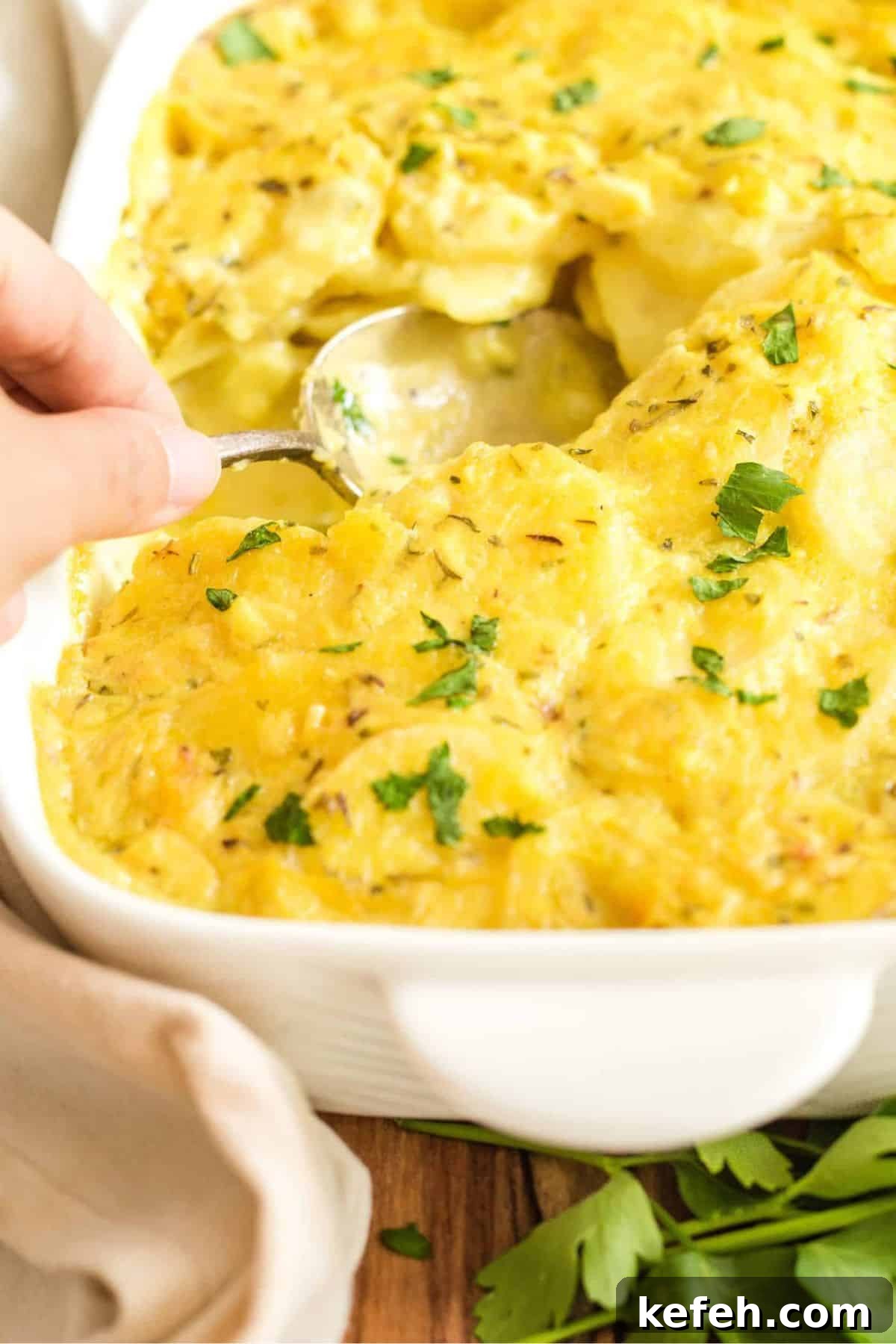 Creamy Gluten-Free Scalloped Potatoes (Dairy-Free, Vegan) Scooping into freshly baked scalloped potatoes.