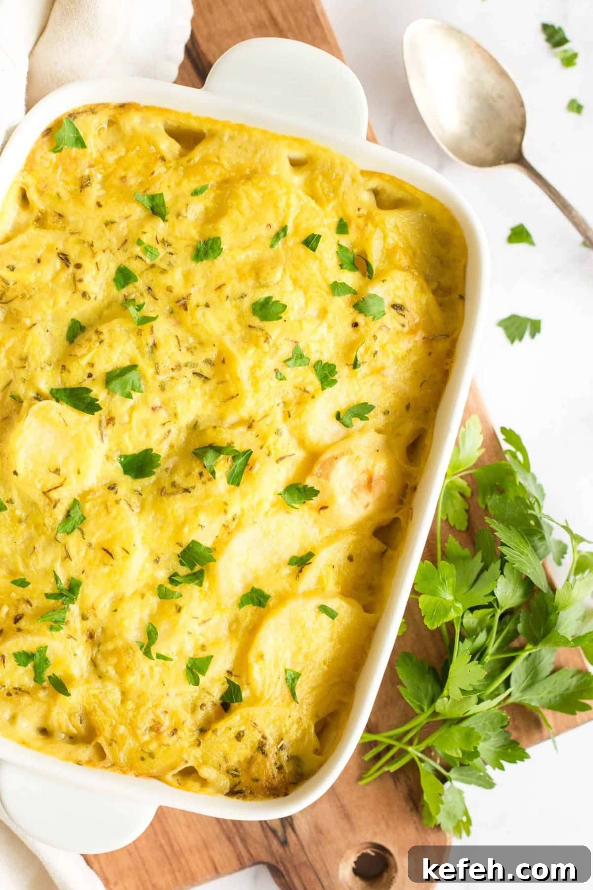Creamy Gluten-Free Scalloped Potatoes (Dairy-Free, Vegan) Potato bake on wooden board.