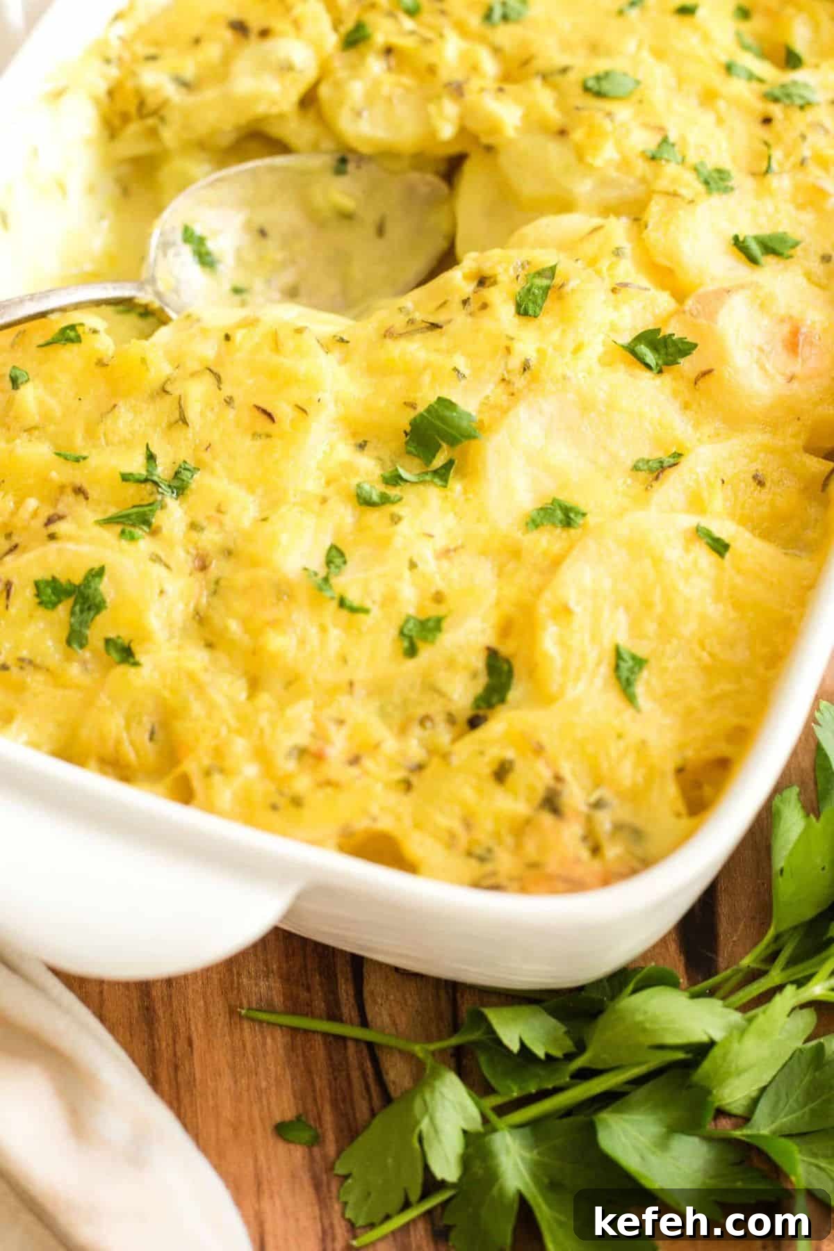 Creamy Scalloped Potato Casserole (Gluten-Free, Vegan) Scooping into a freshly baked potato casserole.