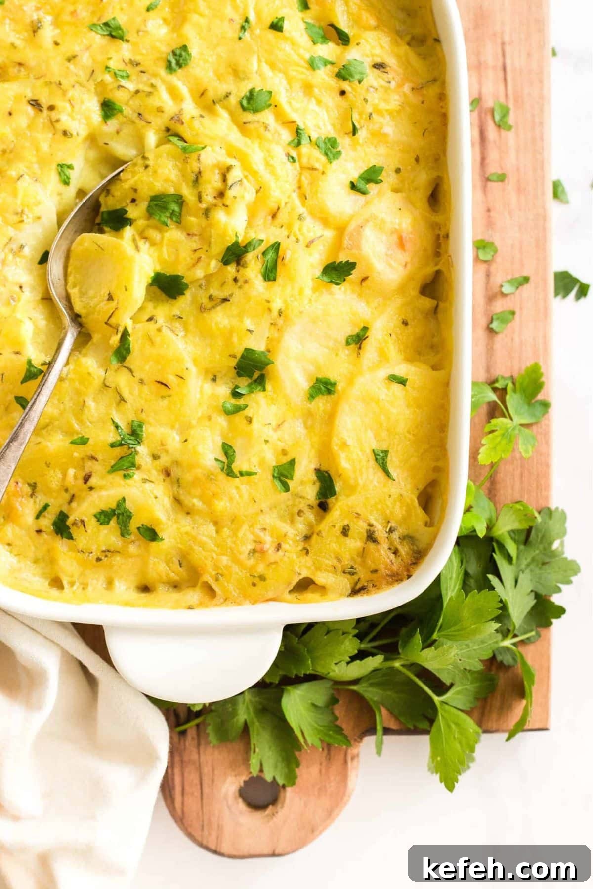 Dairy-Free Scalloped Potatoes (Gluten-Free, Vegan) Top down view of a casserole dish with gluten-free dairy-free scalloped potatoes.