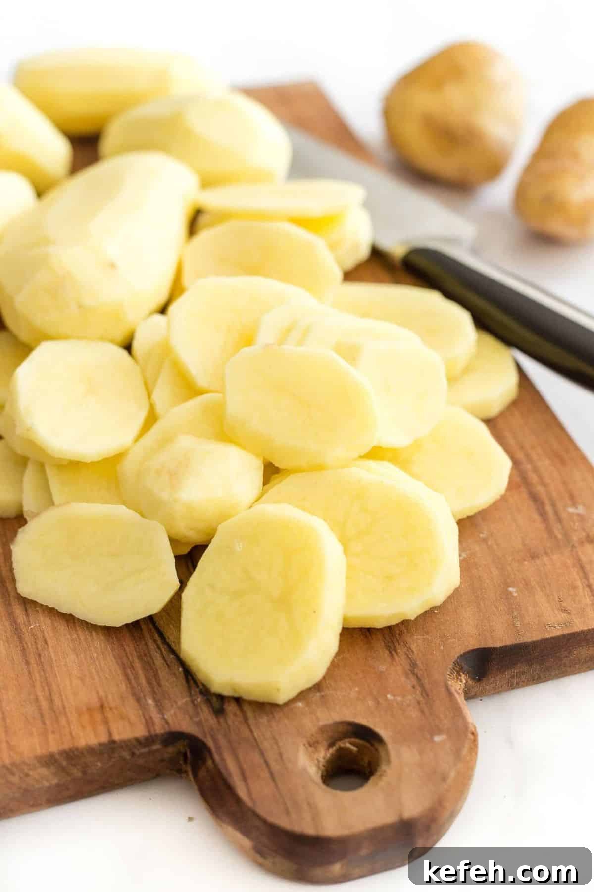 Creamy Gluten-Free Dairy-Free Potato Bake Sliced potato rounds on wooden board.