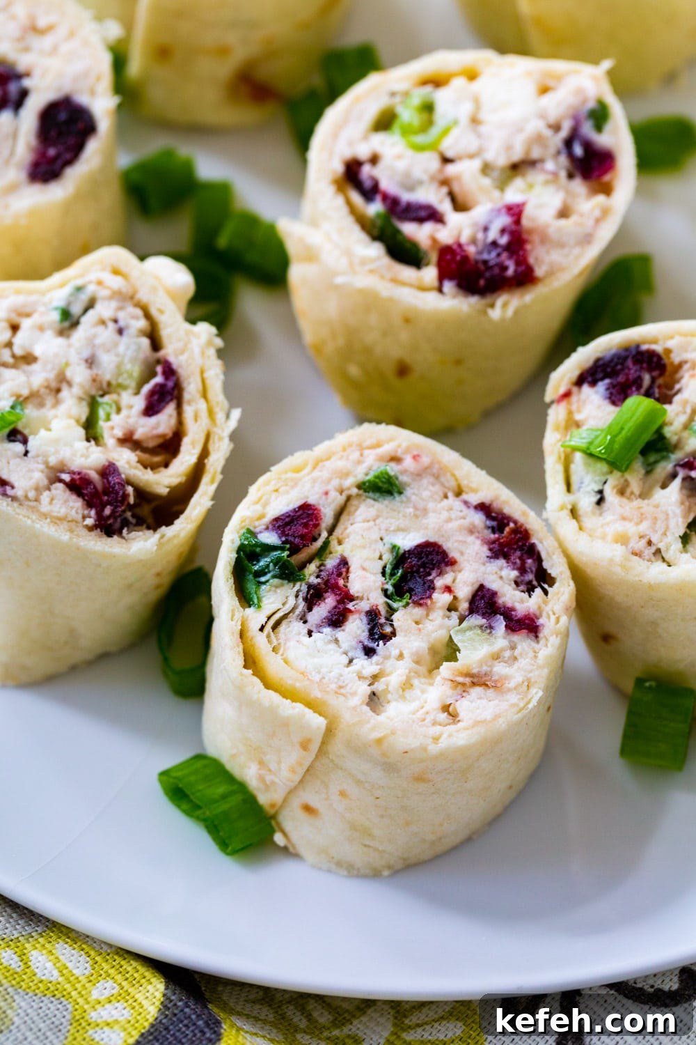Bite-Sized Chicken Cranberry Pinwheels 4 Close-up of Chicken Cranberrry Pinwheels on plate.