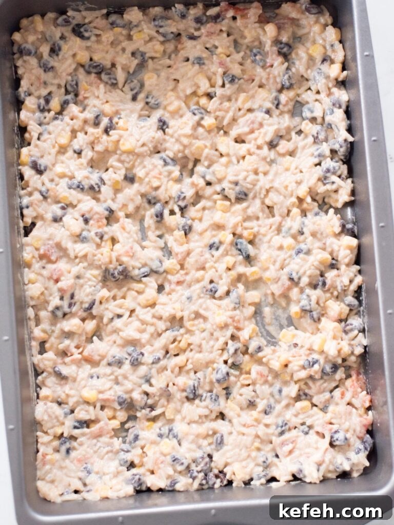 Tex Mex Chicken with Black Beans and Rice Casserole 11 Baking dish with filling added to it.