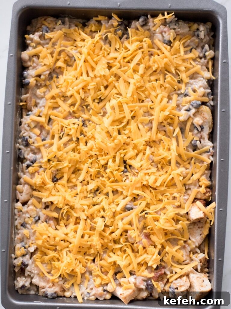 Tex Mex Chicken with Black Beans and Rice Casserole 14 Shredded cheese over the rice mixture in a baking dish.