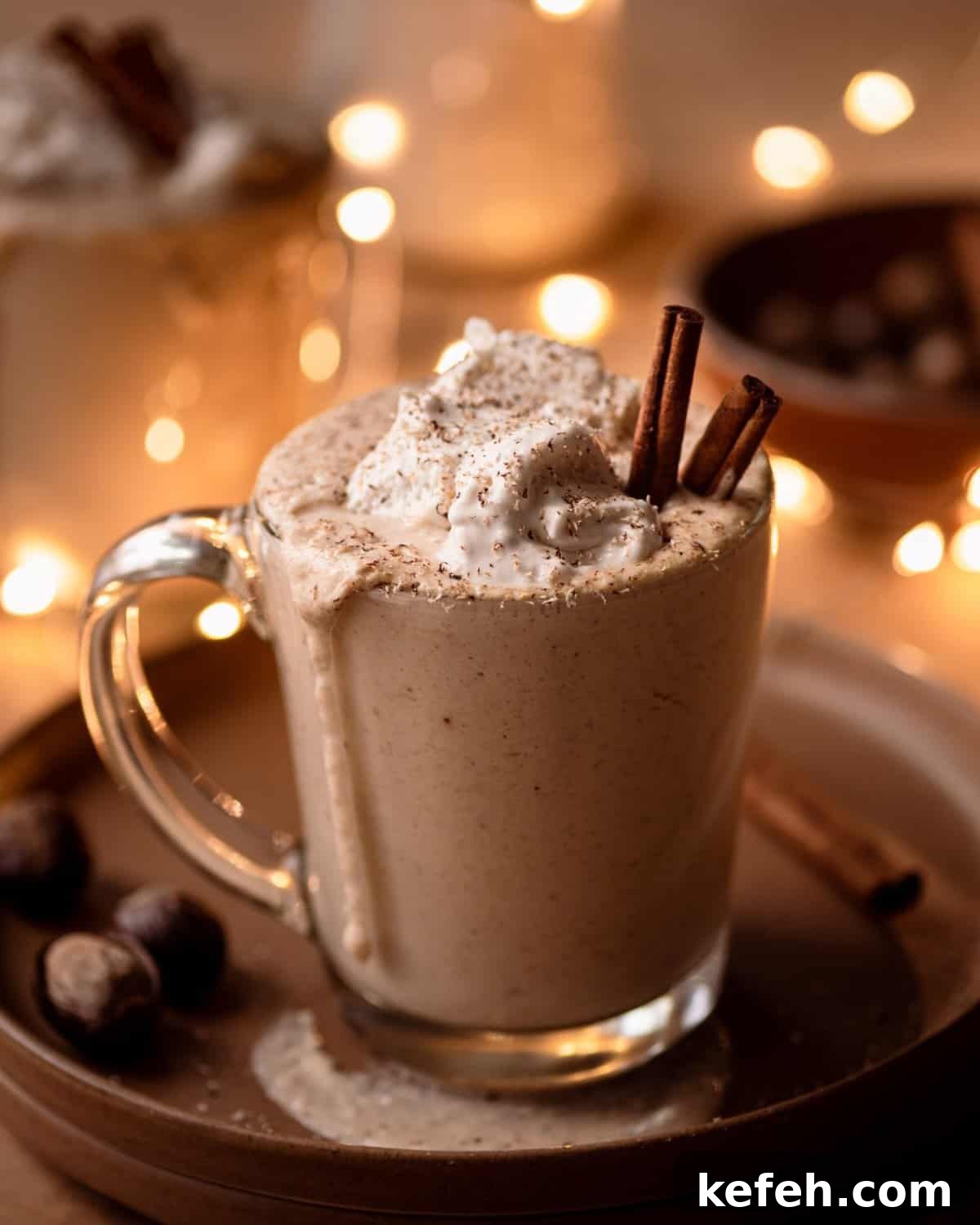 Vegan Holiday Survival Guide: Thrive at Festive Meals 2 creamy vegan spiced eggnog in glass mug on a table with holiday lights.