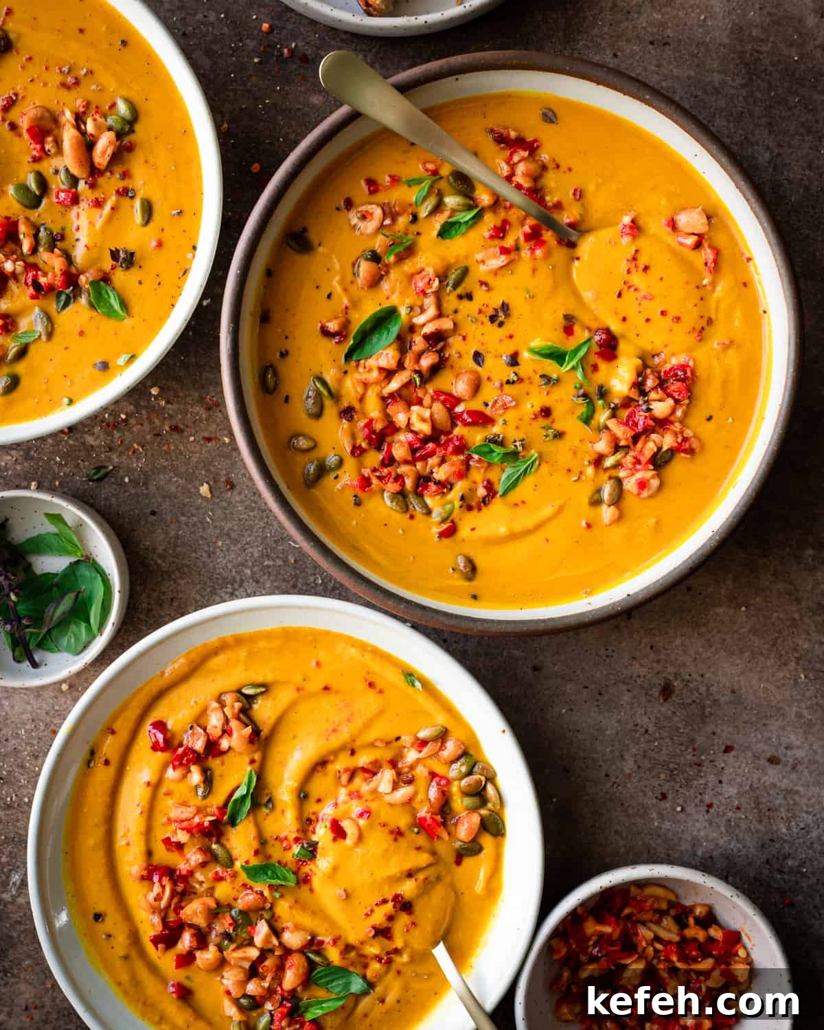 Vegan Holiday Survival Guide: Thrive at Festive Meals 15 three bowls of thai pumpkin soup garnished with chiles and thai basil on a brown table.
