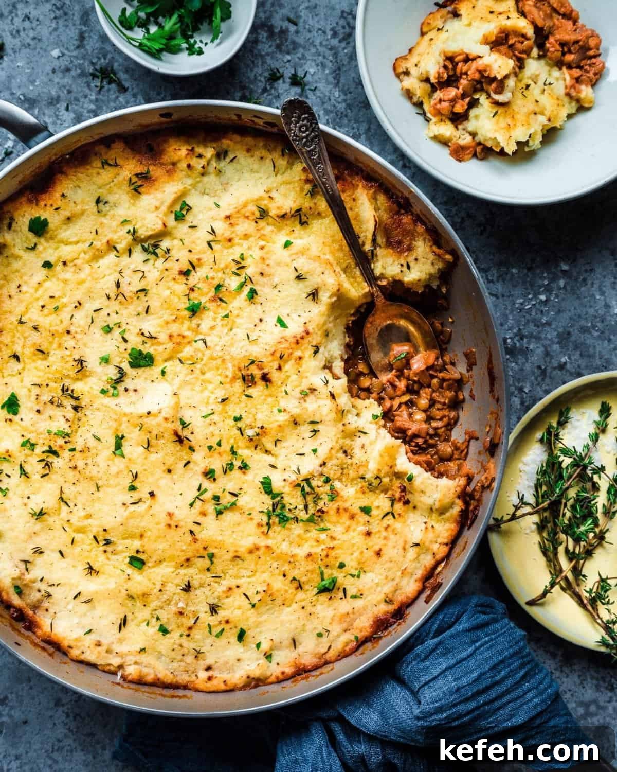 Vegan Holiday Survival Guide: Thrive at Festive Meals 6 healthy vegan lentil shepherd's pie - flat lay in skillet