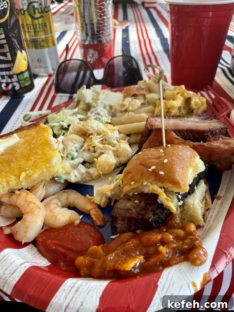 Smoked Potato Salad with Crispy Bacon and Dijon Dressing 5 Plate with brisket sliders and more