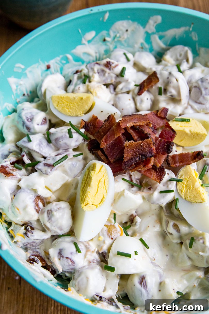 Smoked Potato Salad with Crispy Bacon and Dijon Dressing 8 Bowl of smoked potatoes