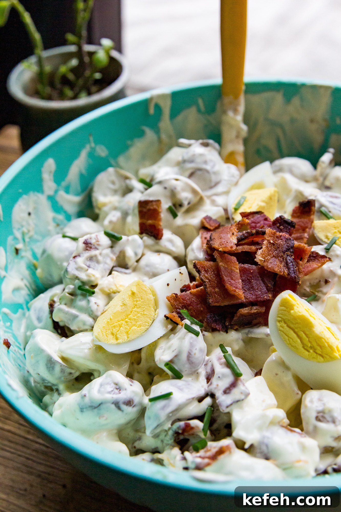 Smoked Potato Salad with Crispy Bacon and Dijon Dressing 9 Smoked potato salad overhead