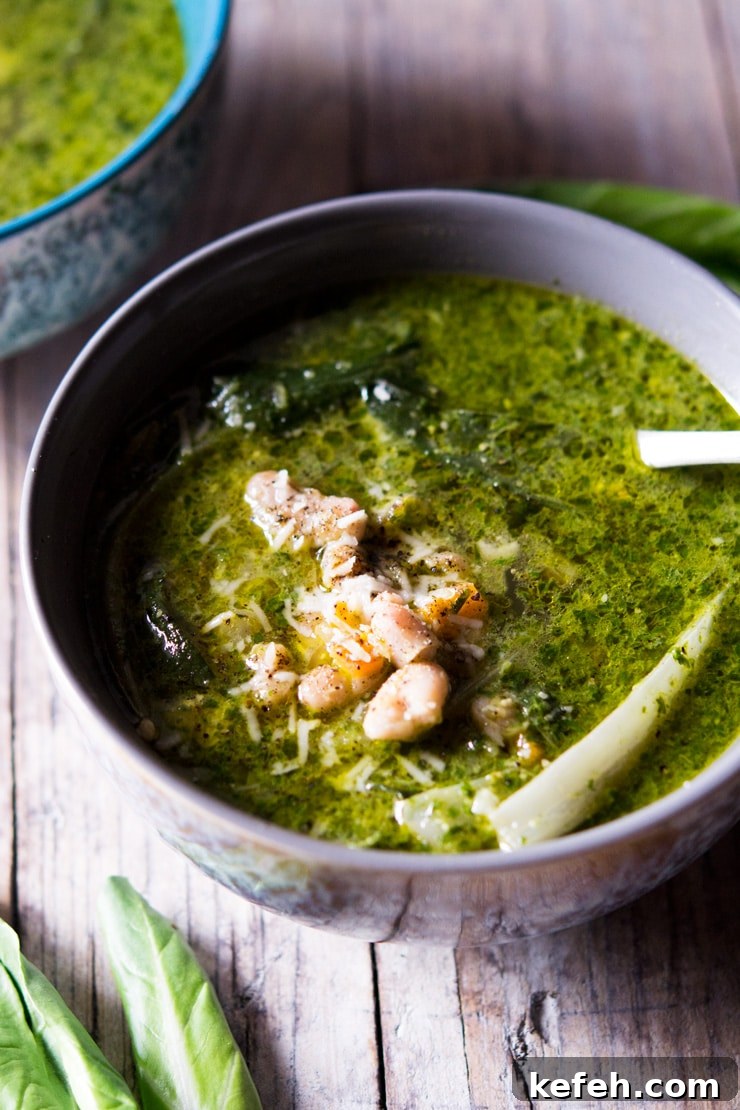 A close up of green soup made with pesto and cannellini beans A close up of green soup made with pesto and cannellini beans