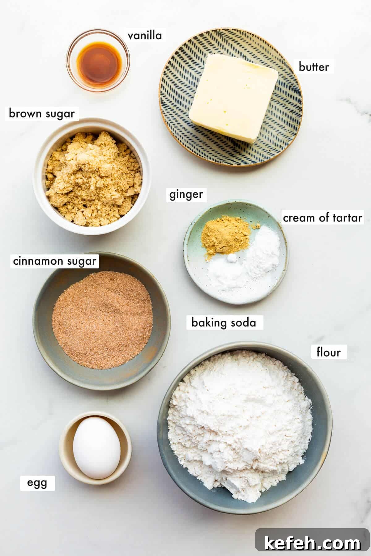 Classic Cinnamon Sugar Snickerdoodle Cookies 3 Ingredients to make snickerdoodles measured and ready for baking.